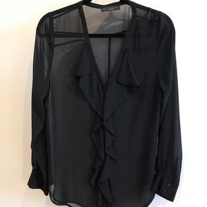 Black sheer, ruffle trim blouse